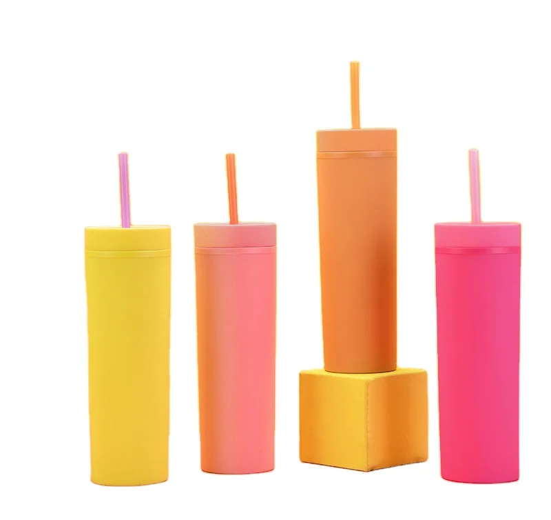 16 Oz Amazon Skinny Double Layer Plastic Cup Frosted Rubber Paint Water Cup Straight Straw Cup