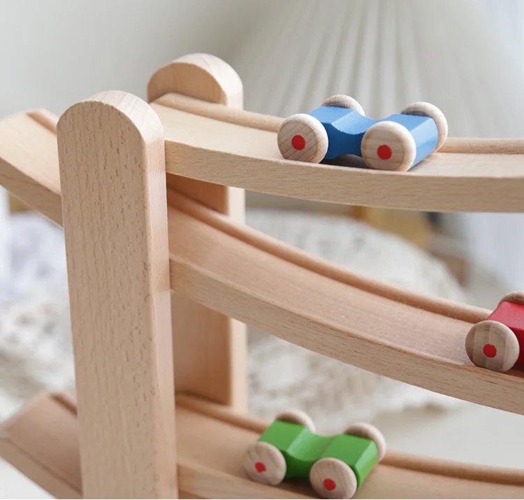 Educational mini montessori toy wooden car tracks race and ramps racing track wooden toy for kids