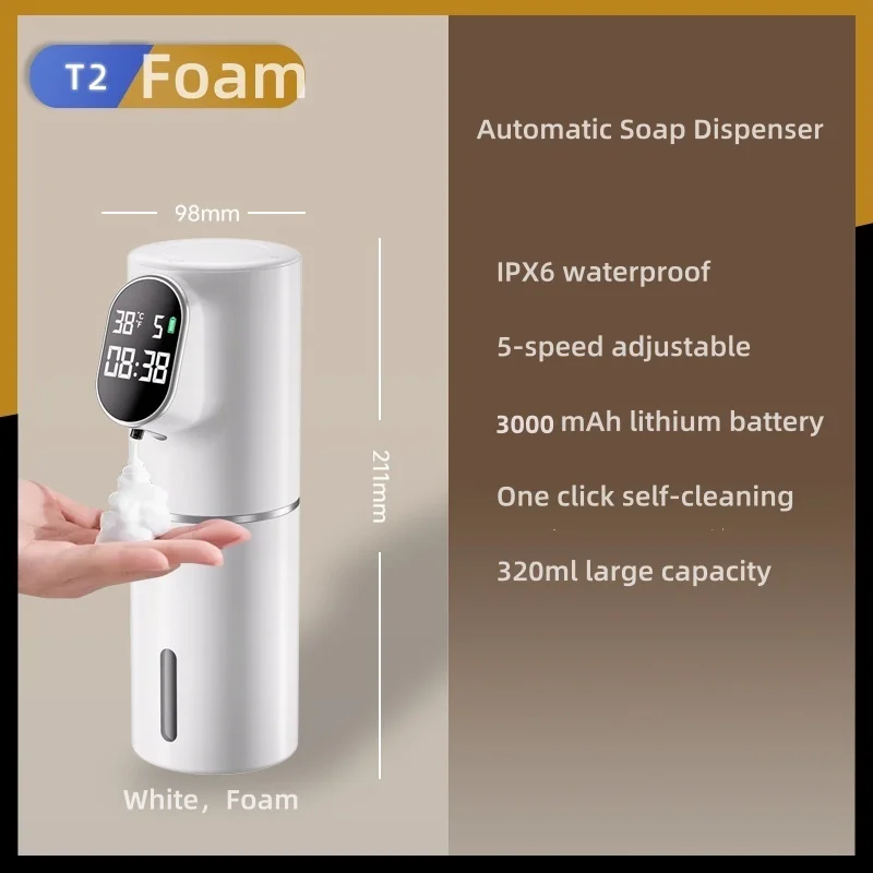 2-in-1 Automatic Dispenser Foam USB Charging 320ml  Touchless Smart Infrared Sensor Liquid Soap Dispensers with Led Display
