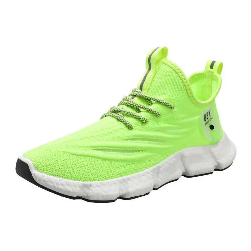 
2021 New Design Elastic Laces Flying Knit Mesh Upper Lightweight Rubber Sole Running Sneakers Shoes For Men Outdoor Sport 