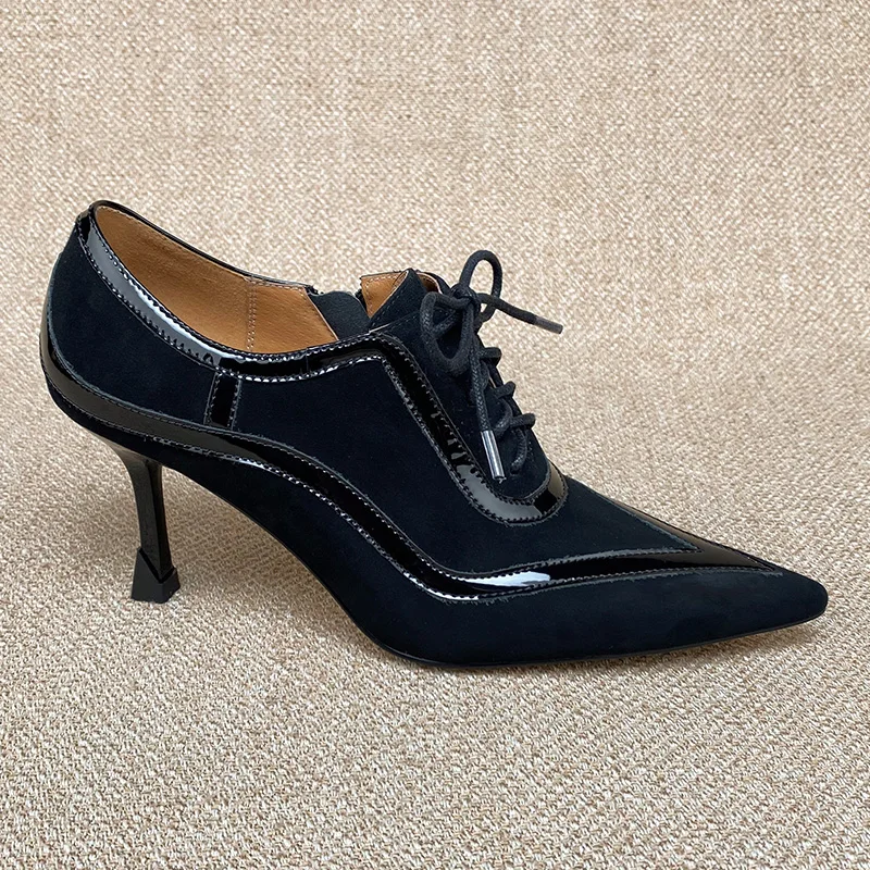 Factory Universe P024 Ladies Pumps Genuine Leather Square Heel Lace-up Kid Suede Pointed Toe Women High Heel Dress Shoes