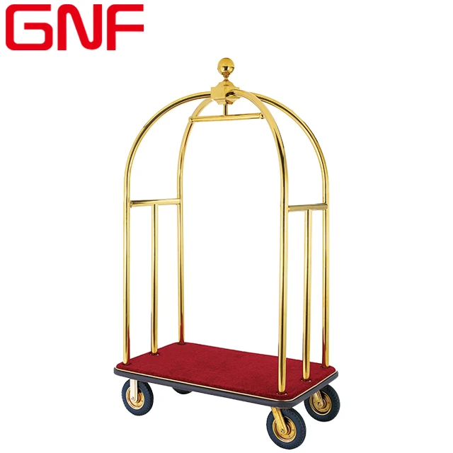 GNF Hotel stainless steel Luggage Trolley golden baggage hand trolley cart with red carpet made in china