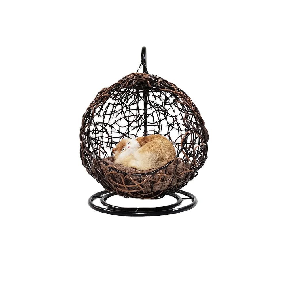 Dog kennel brown round oblique mouth pet basket summer breathable rattan wicker basket dog bed house cool cat bed hole