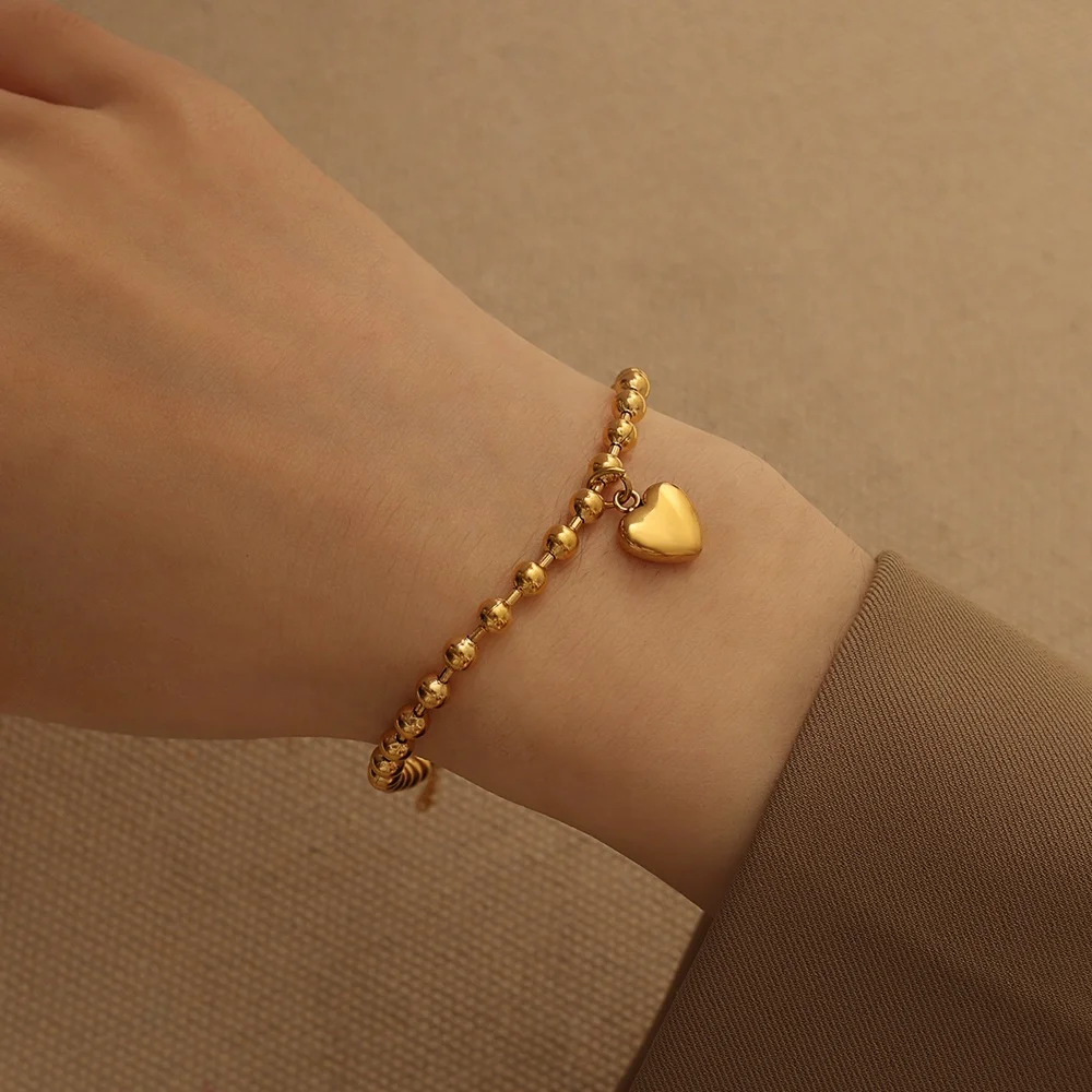 Vintage Heart Shaped Steel Ball Geometric Pendant Stainless Steel Bracelet Waterproof Jewelry Bead Chain Heart Charm Bracelet