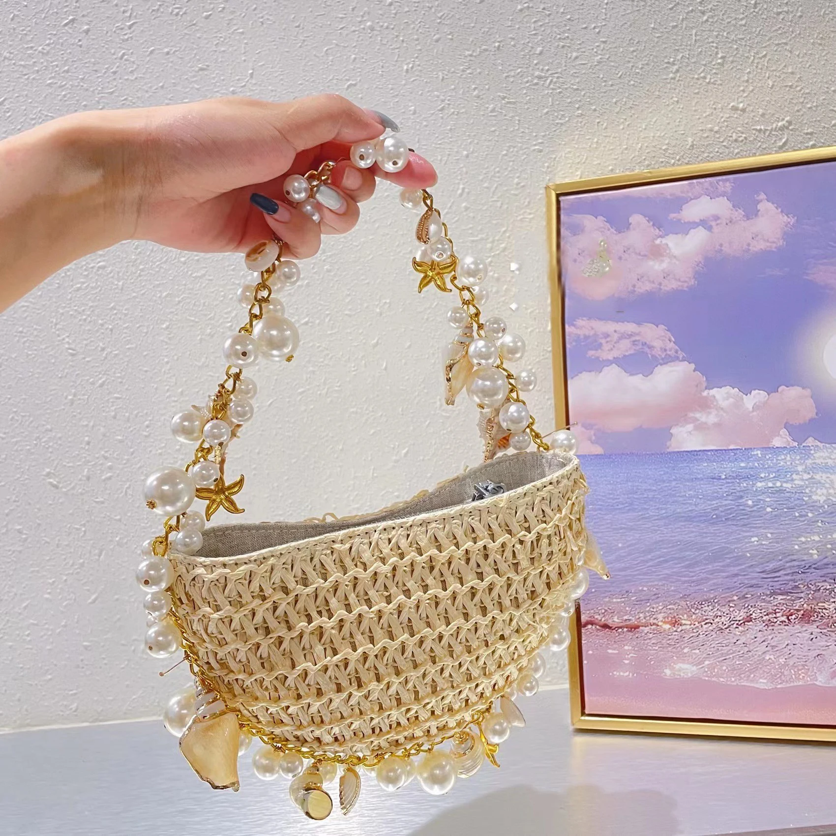 New Beach Holiday Travel Tote Bag Conch Star Straw Woven Shoulder Bag Fairy Underarm Handbag NE1128