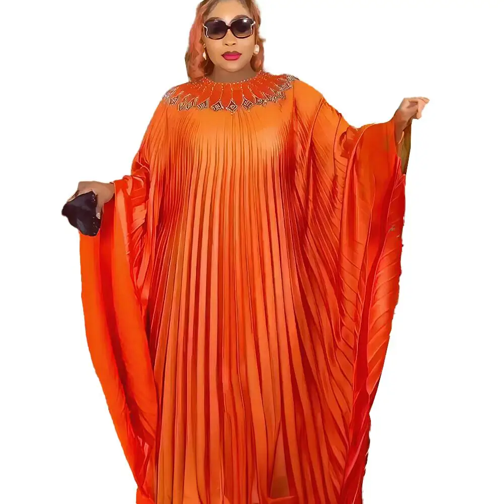 Hot Sale Fashion African Dresses elegant kaftan rhinestone African Pattern Silk Dress pleat African Dress Ethnic