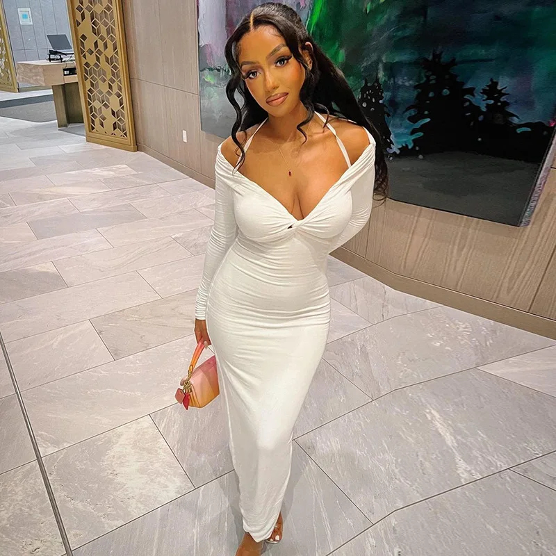 Fashionable Wedding Elegant Women Solid Color Bodycon One Shoulder Dress