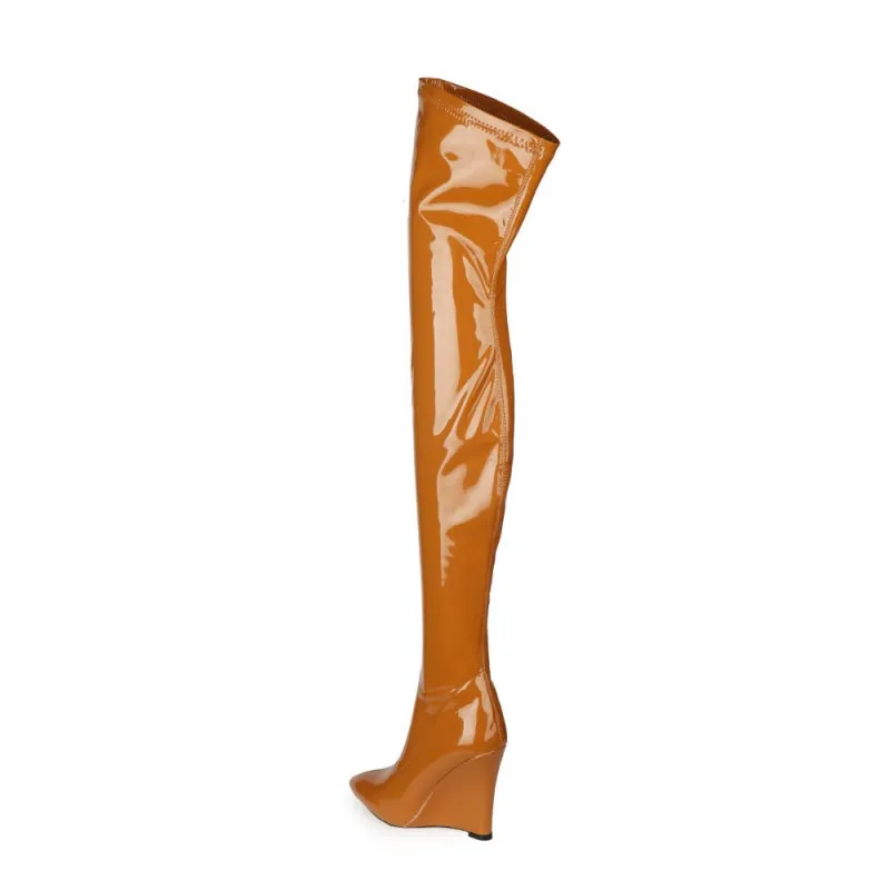 Botas Altas Luxury Design Ladies Over Knee Long Boots Patent Leather Pointy Toe Wedge Heel Elastic Thigh High Boots For Women