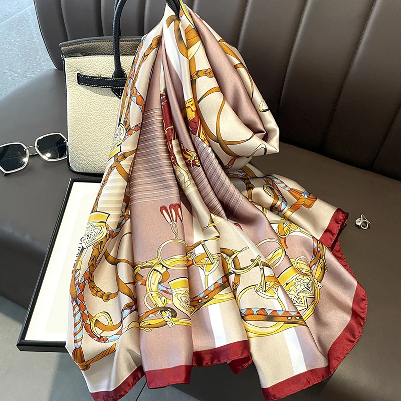 Женский Длинный шарф из искусственного шелка, модный дизайнерский шарф, легкий шарф, головной платок, брендовые шелковые шарфы с принтом