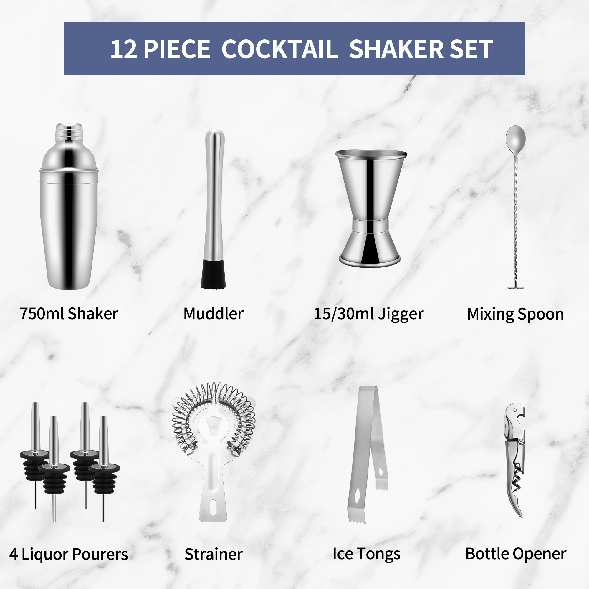 Hot sale shaker set 25oz Bar Accessories 12 pieces  Bar Tools 750ml Bar Tools stainless steel Bartender Set Kit