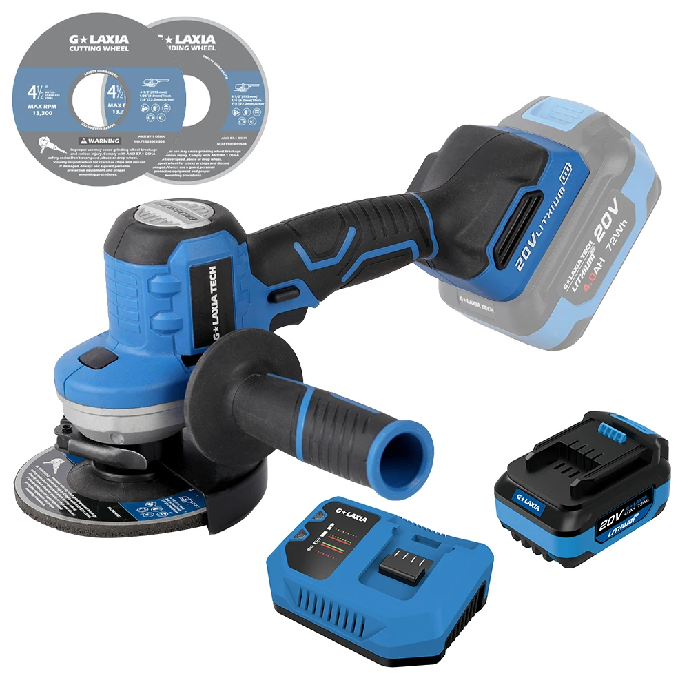 20V Cordless 115mm Angle Grinder with Soft Grip Handle and 8000 r/min No-load Speed