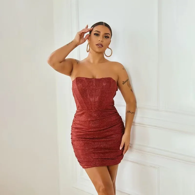 Women Summer Silver Glitter Skeleton Beautiful Plisket Shiny Strapless Vestido Bodycon Sexy Elegant Night Party Short Dress