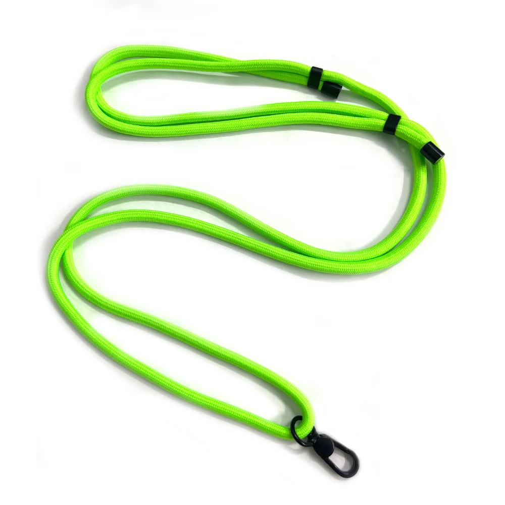 Custom Nylon Rope Highly Visible Fluorescent Green Mobile Phone Lanyard With Adjustable Length Black Metal Hooks
