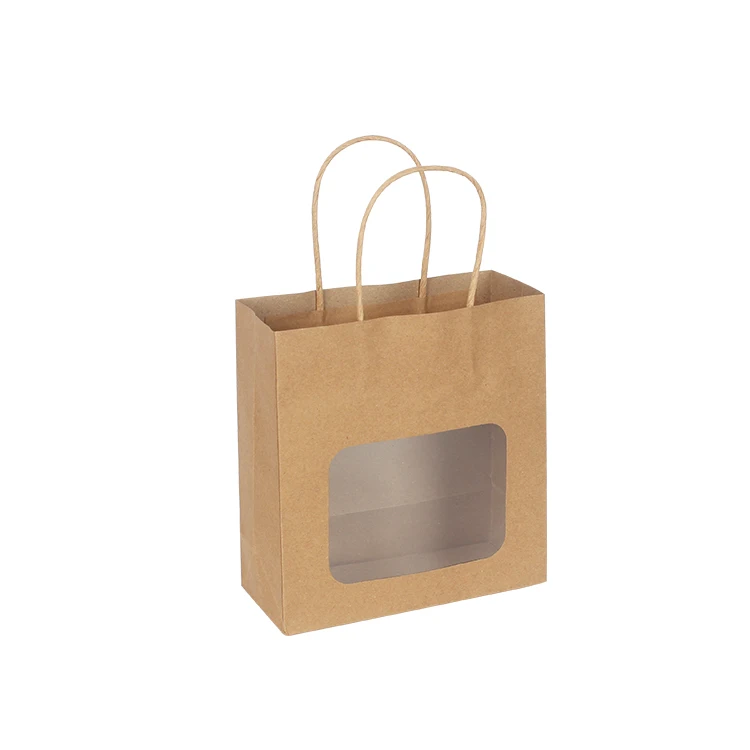 LOKYO Wholesale takeaway brown paper bag flat bottom paper bag bolsa de papel transparent window paper bag with cup holder