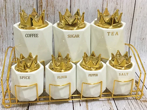 High quality 7Pcs Colors Crown Bowknot Lid Ceramic Sealed Jar Food Coffee Tea Sugar Spice Storage Jar Set