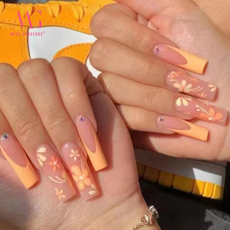 MG 24pcs Pink Press on Acrylic nails Gel False Coffin Press On Nail French Fake Private Label Nails False