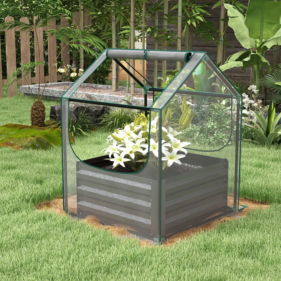 Raised Garden Bed Planter Box with Greenhouse Clear and Dark Grey