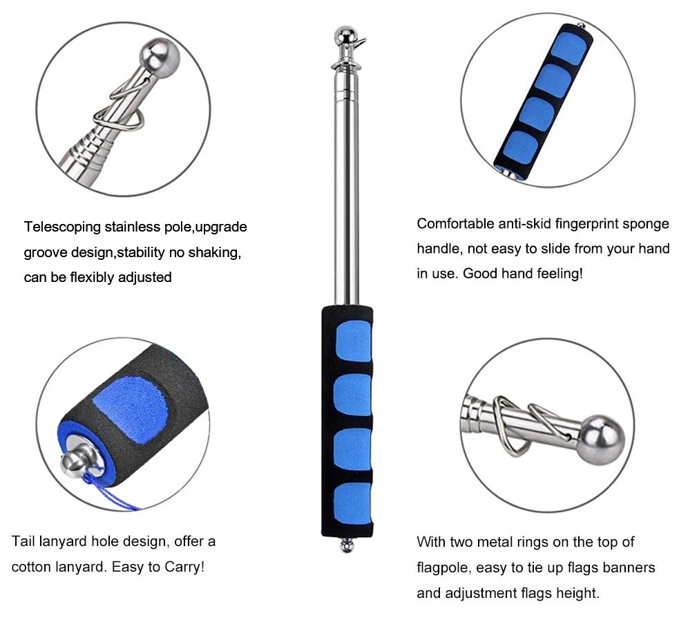 Wholesale portable colorful sponge handle telescopic flagpole, stainless steel tour guide hand adjustable flag pole