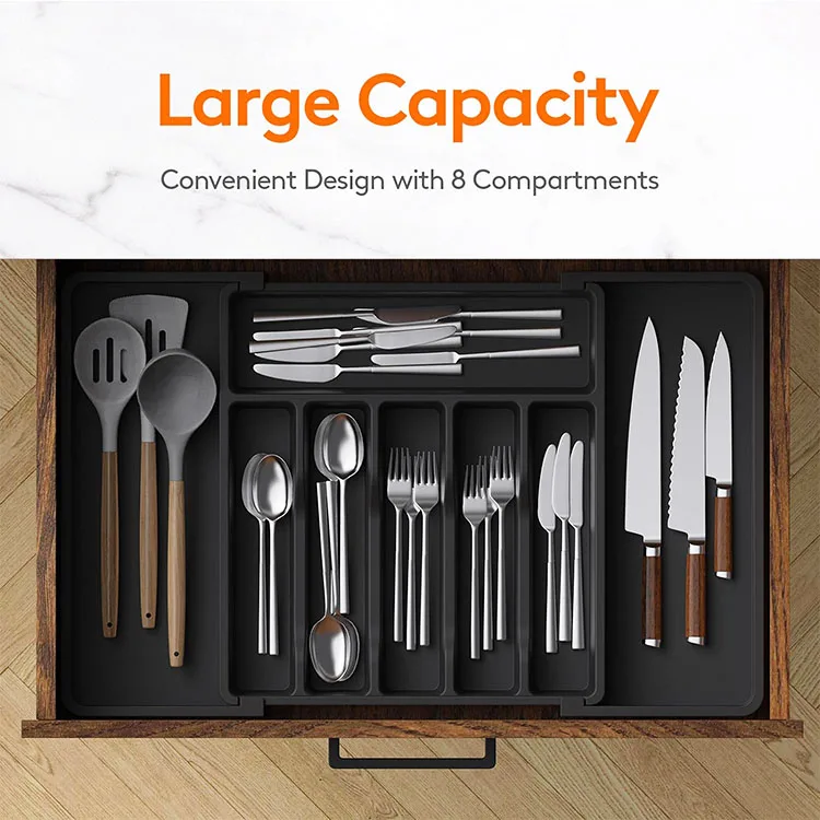 In Stock Silverware Drawer Organizer Expandable Utensil Tray BPA Free Adjustable Plastic Storage for Spoons Forks Knives