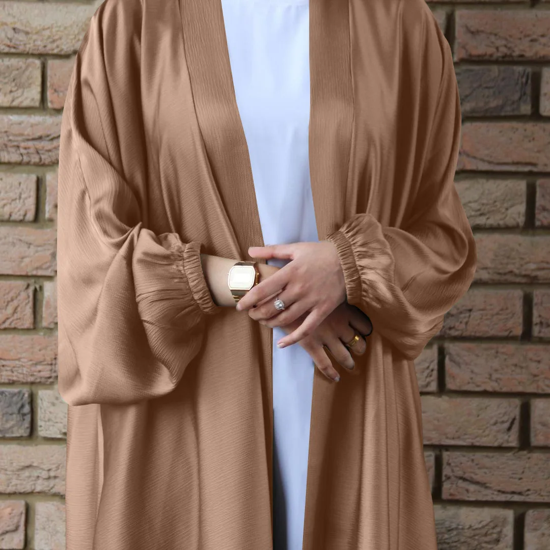 Eid Women Abaya Dubai Soft Solid Puff Sleeves Muslim Dress Silky Kaftan Dubai Turkey Muslim Robe Islamic Clothing Cardigan