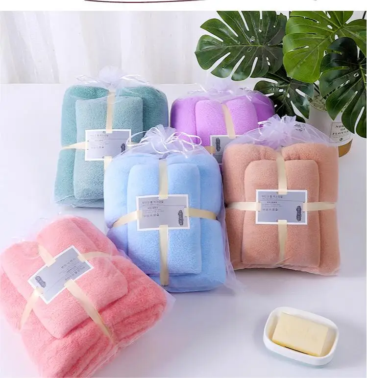 ready stock coral fleece cut edge thickened absorbent purple towel gift set box gift package bath towel set for Christmas