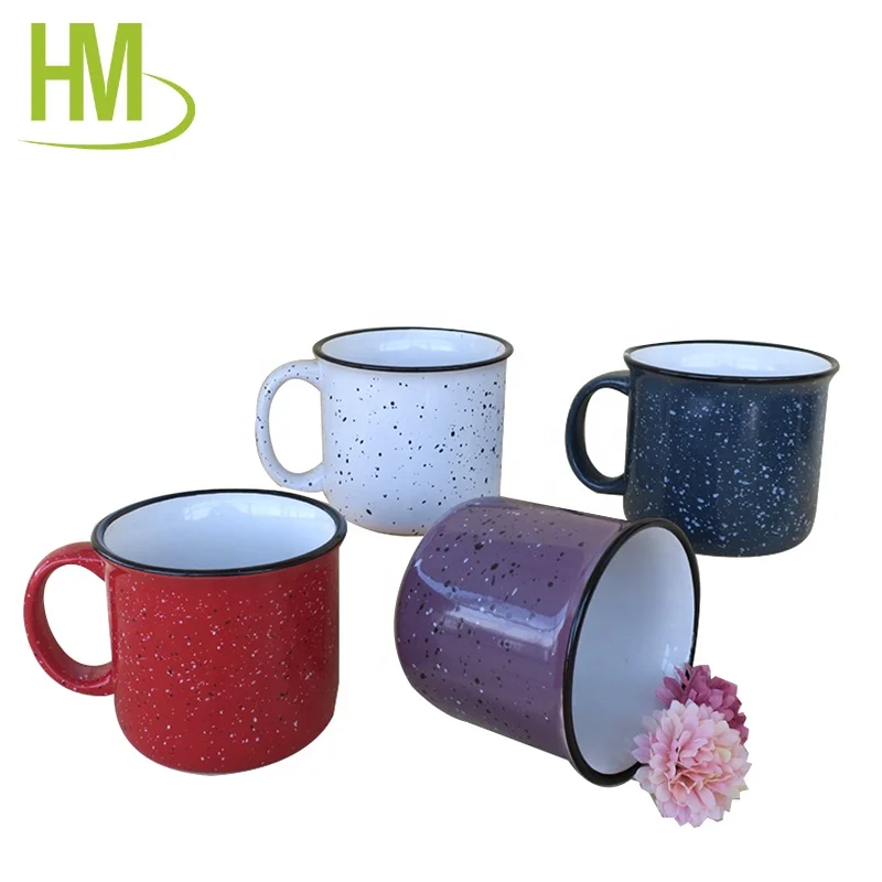Custom print glazed color with black speckles enamel outdoor camping fire ceramic mugs