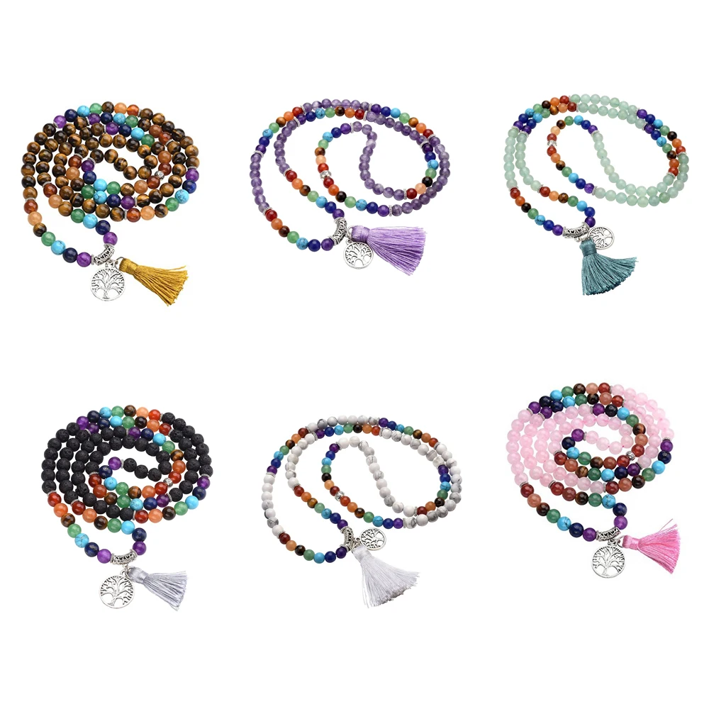 Natural 7 Chakra Healing Mala Prayer Beads 108 Beaded Tassels Wrapped Stone Bead Stretch Bracelet Necklace Jewelry