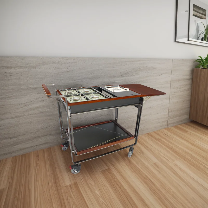 Restaurant Folding Mobile Food Trolley Double-deck Flambe Cooking Cart with Stove