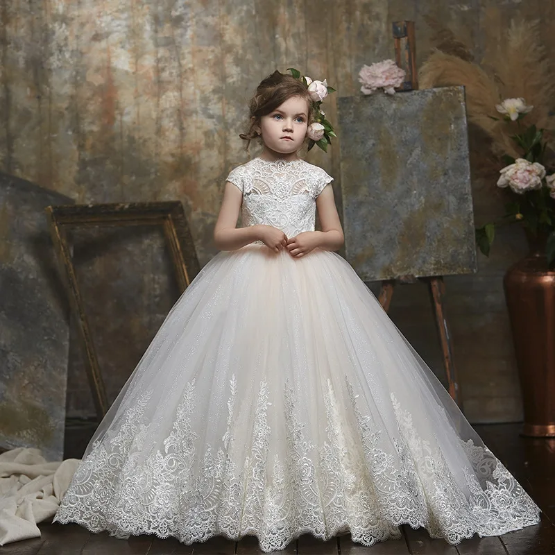 Wholesale Short Sleeve White Lace Ball Gown Beading Party Baby Girl Glitter Princess Flower Girl Dresses