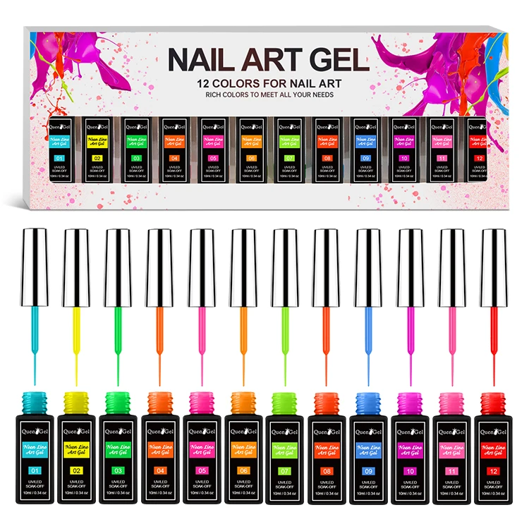 Quengel New Arrivals Wholesale Private Label 12 Colors Soak Off UV Gel Polish kit Gel Art Liner For Nail Art Painting