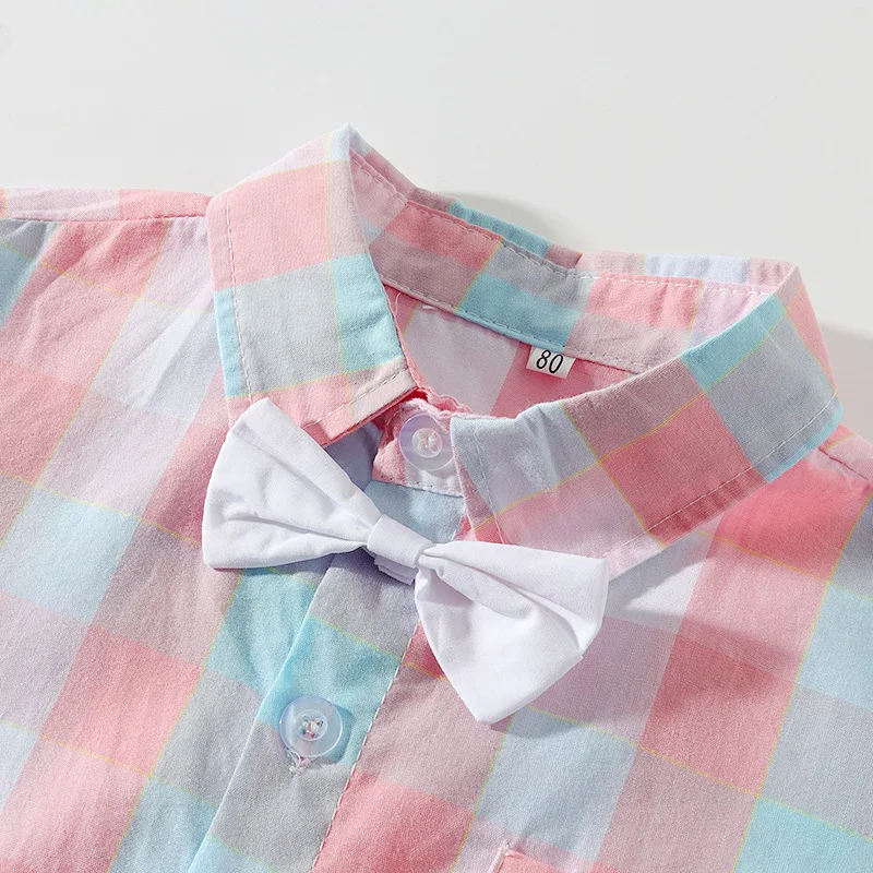 Bow plaid light blue pink shirt+belt pants preppy style gentleman summer boy party dress