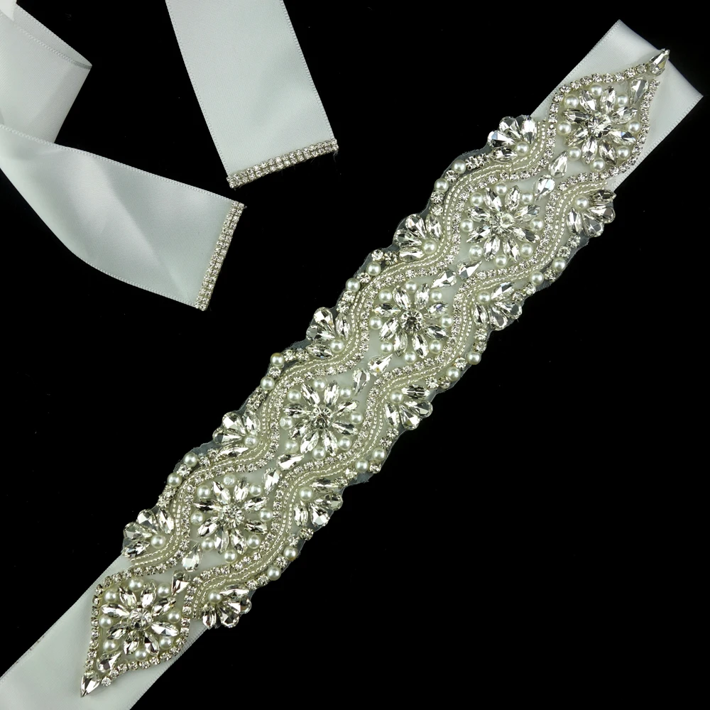 fashion diamond applique bridal sash handmade clear rhinestone and pearl wedding ribbon belt for bridal bridesmaid dress
