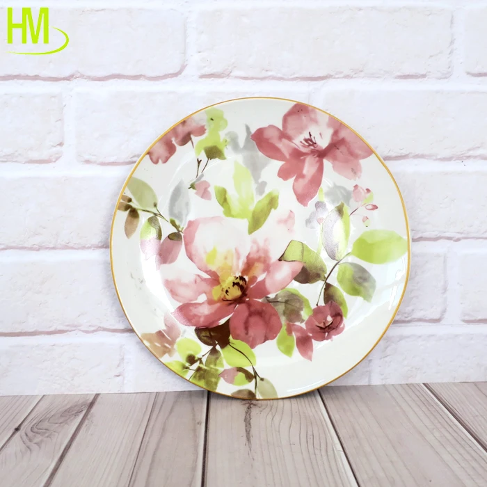 Luxury Disposable Ceramic Colorful Pad Printed Porcelain Plate Set Customized Leaves Design Glazed Soup/Dinner Dish