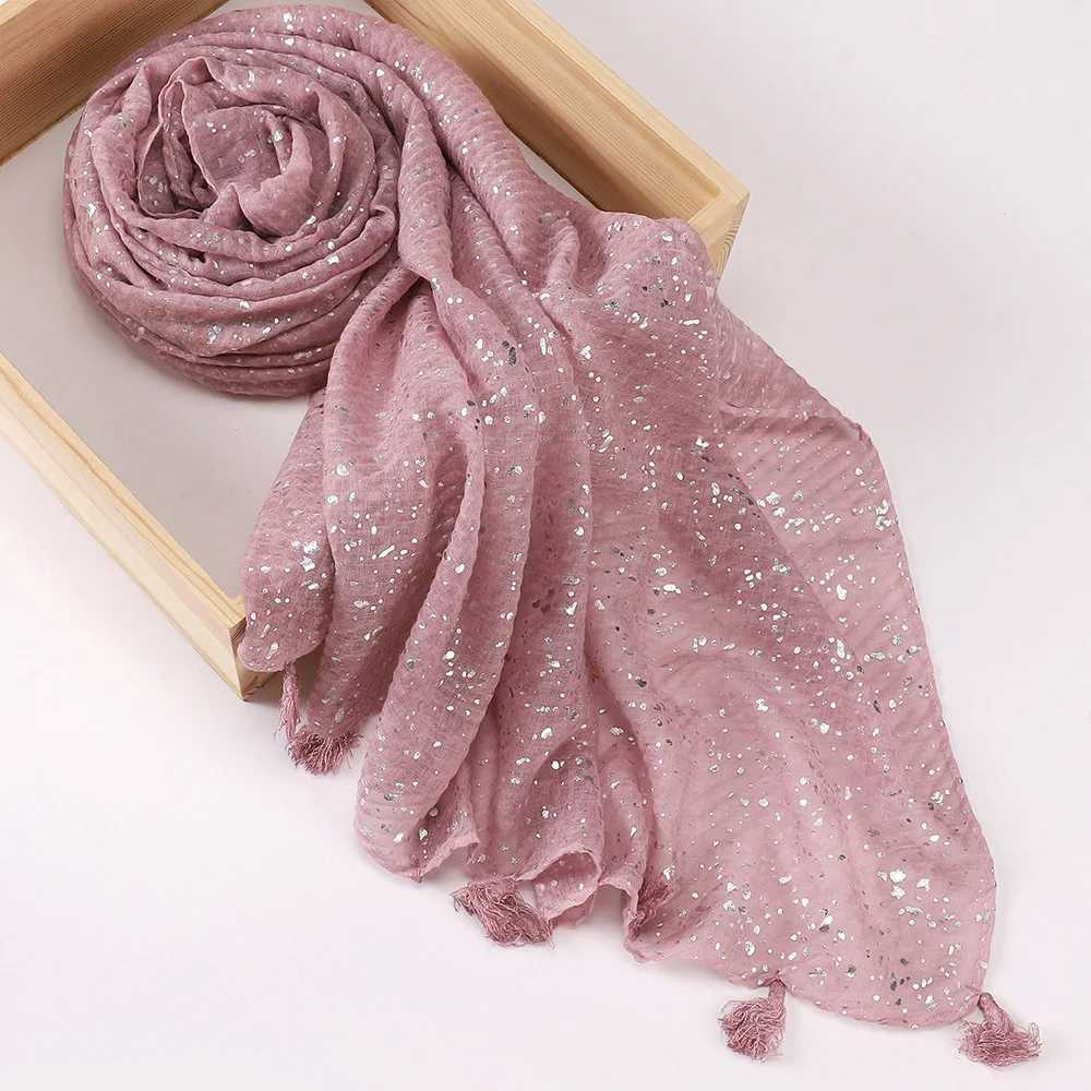 Sky Star White Bronzing Glitter Shinny Silver Sequins Cotton Linen Scarf Crinkled Plain Hijabs Muslim Tassel Shawls Head Wrap