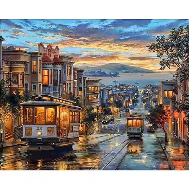 Custom digital painting art city sunset oil paint by numbers oil painting on canvas wholesale for kids and adults