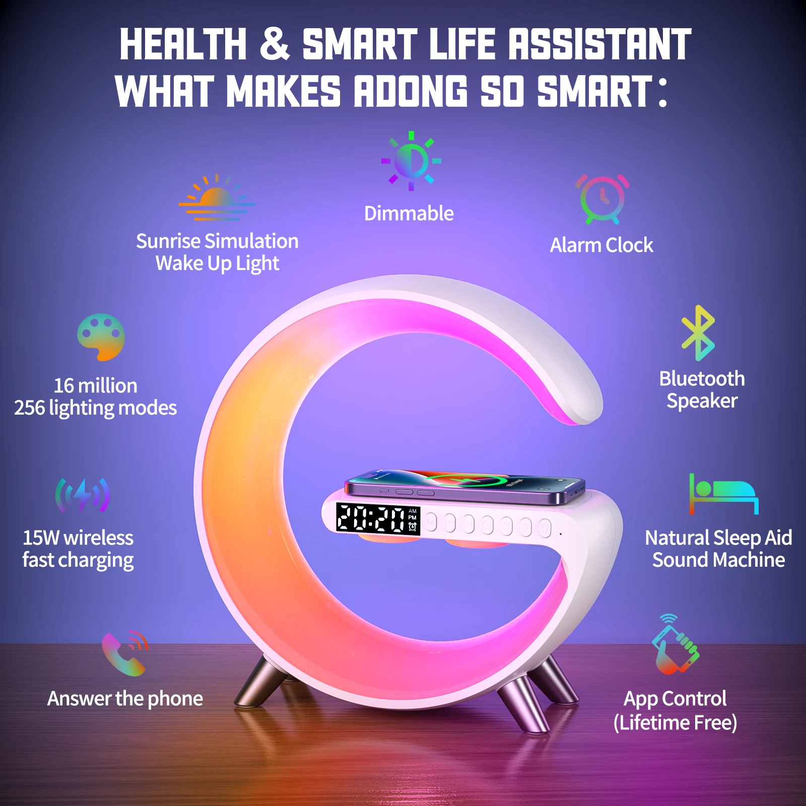 Gradual Sunrise Alarm Clocks  Wake Up Light Table Lamp Smart Sound Light Machine With 15W Fast Wireless Charger