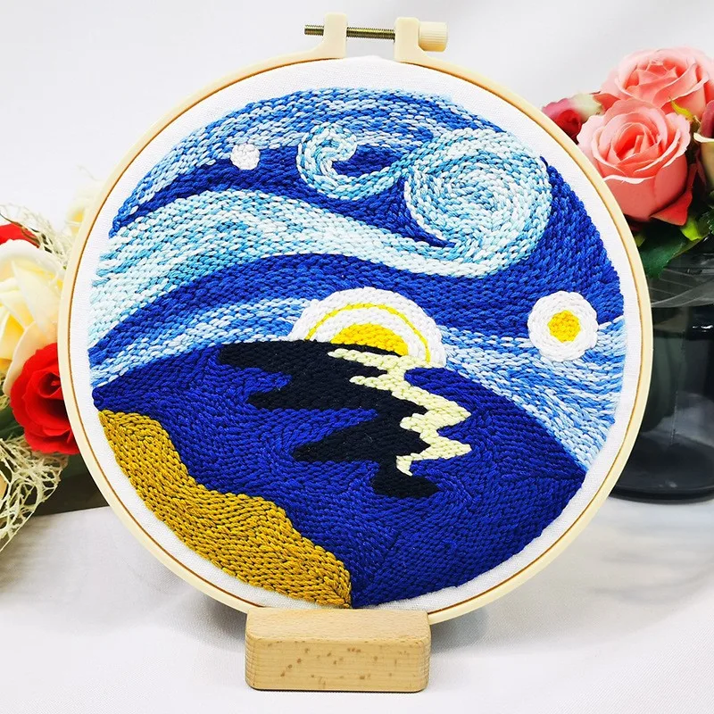 Starry Night Punch Needle Kits,Punch Needle Set,Punch Needle Kit Beginner With Punch Needle,Yarn,Printed Pattern,Instructions
