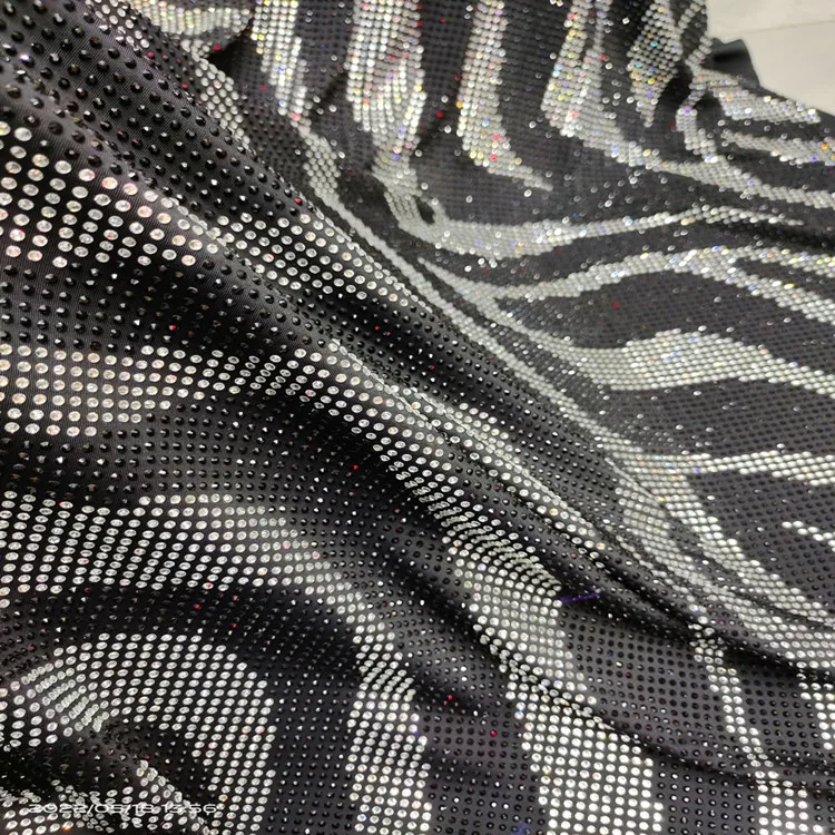 Stretchable rhinestone fabric crystal AB stones fabric with leopard wave stones for red carpet dress