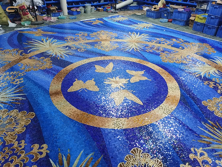 Blue pattern colorful mosaic tile vivid gold birds wheat wall art murale design customized big size floor decoration mosaic tile