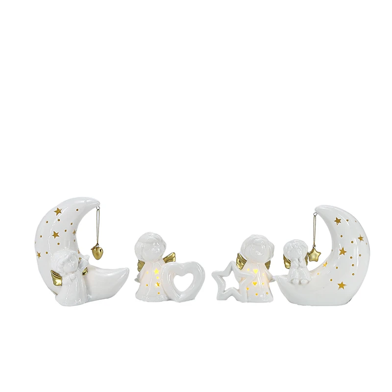 Christmas Custom Small White Ceramic Angel With LED Light Christmas Ceramic  Home Decoration