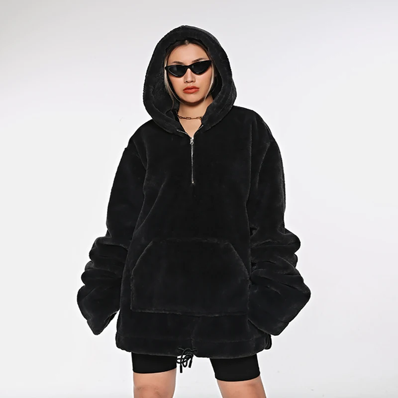 Женская толстовка из полиэстера, черная толстовка оверсайз с капюшоном, на молнии, 2021