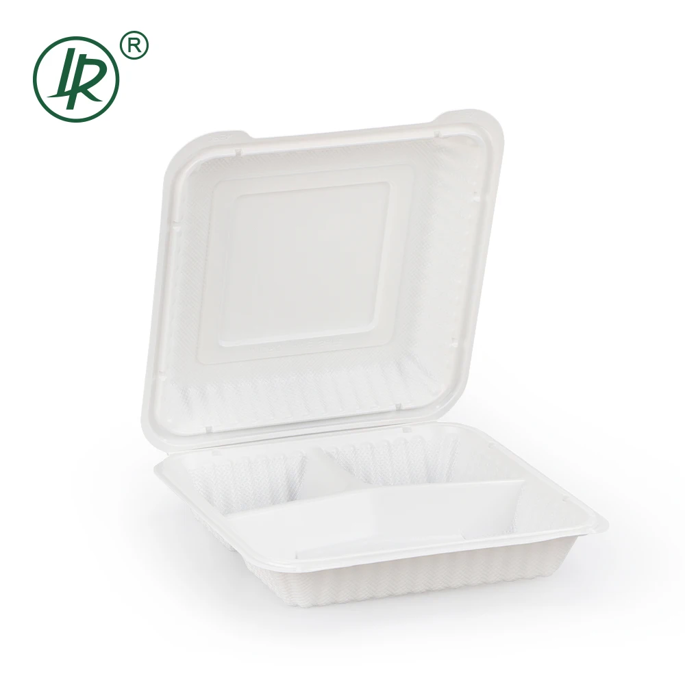 LR 7*7 Inch 3 Compartments BPA Free Disposable Clamshell Togo Lunch Box Plastic Large Hinged Lid Take Away Food Container