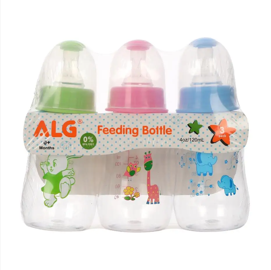 Supermarket hot sale colorful cute animal lion cow print infant feeding water bottle set 3pcs/pack milk baby bottles 120ml