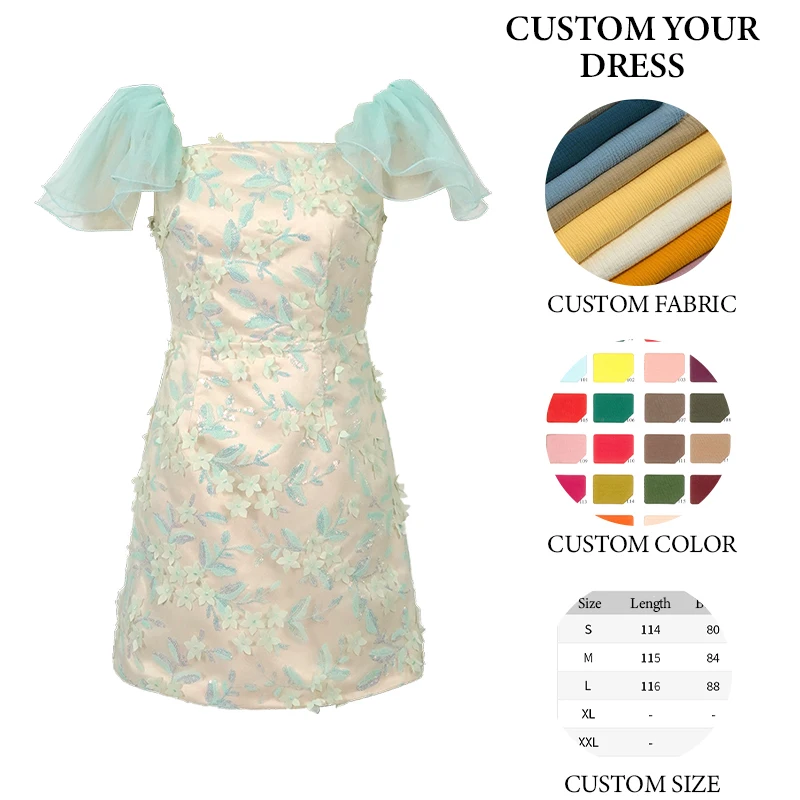 ZYHT 15007 Wholesale Green Floral Applique Slim Fit Elegant Cocktail Sequin Short Party Dresses for Women