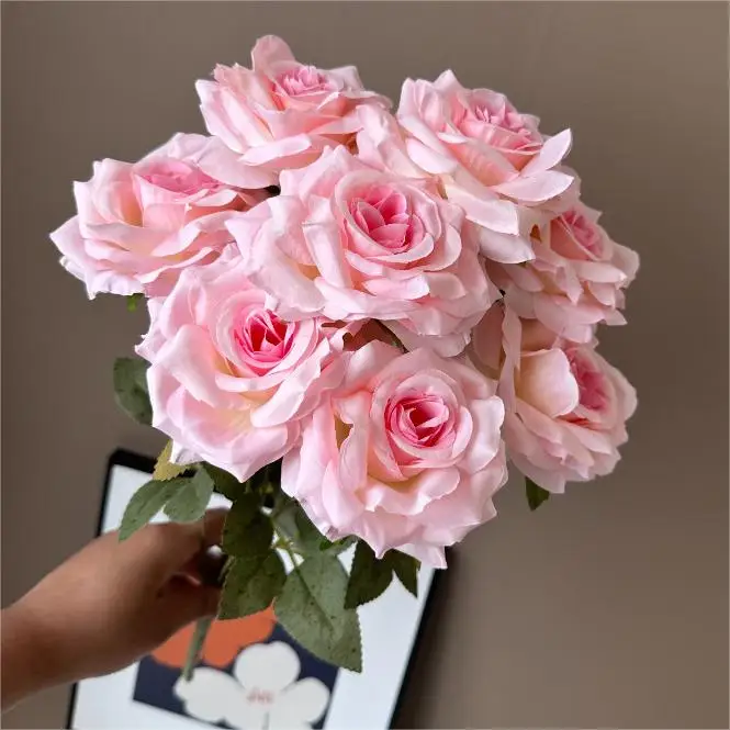 High Quality Artificial Flower Bundle Rose Bouquet Wedding Decor  9 Heads Silk Roses Bunch
