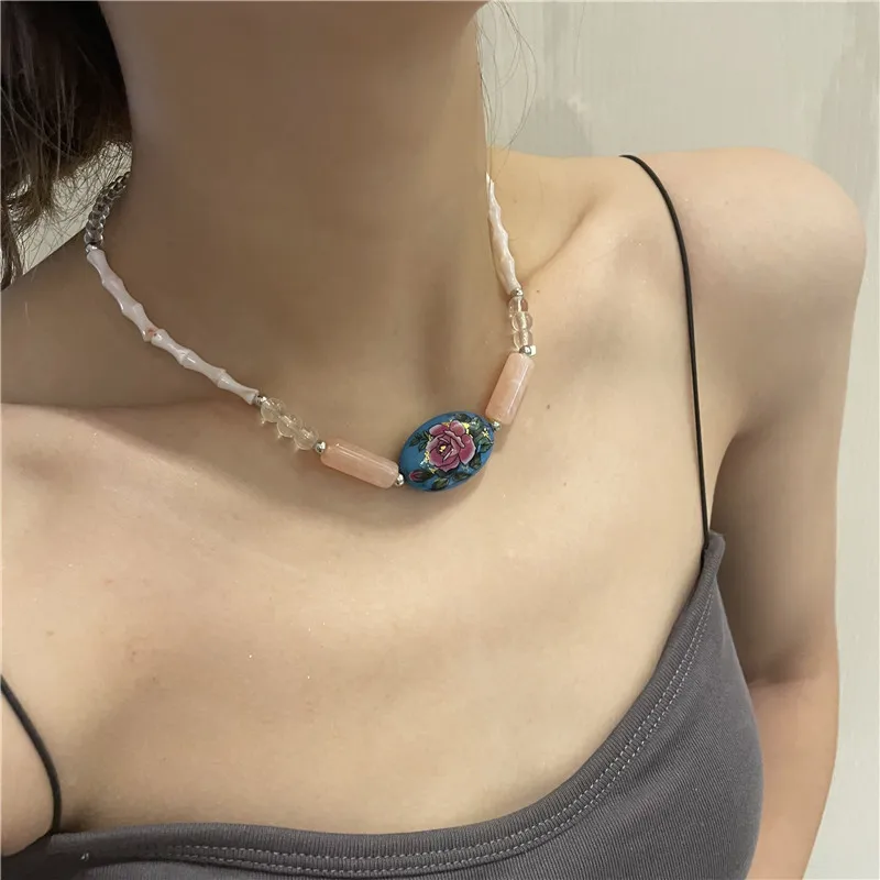 Bohemian Y2K Designer Resin Acrylic Fruit Pendant Irregular Pearl Crystal Bead Chain Clavicle Necklace Jewelry for Women