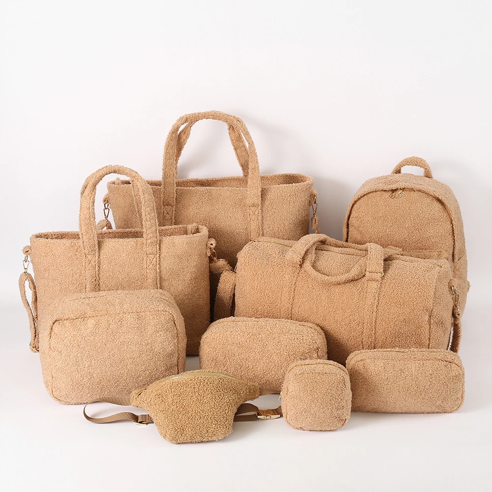 RTS Stock Sherpa Teddy Pink  Fashion Personalized Chenille Patches Custom Travel Handbags Women Handbags Ladies Tote Bags