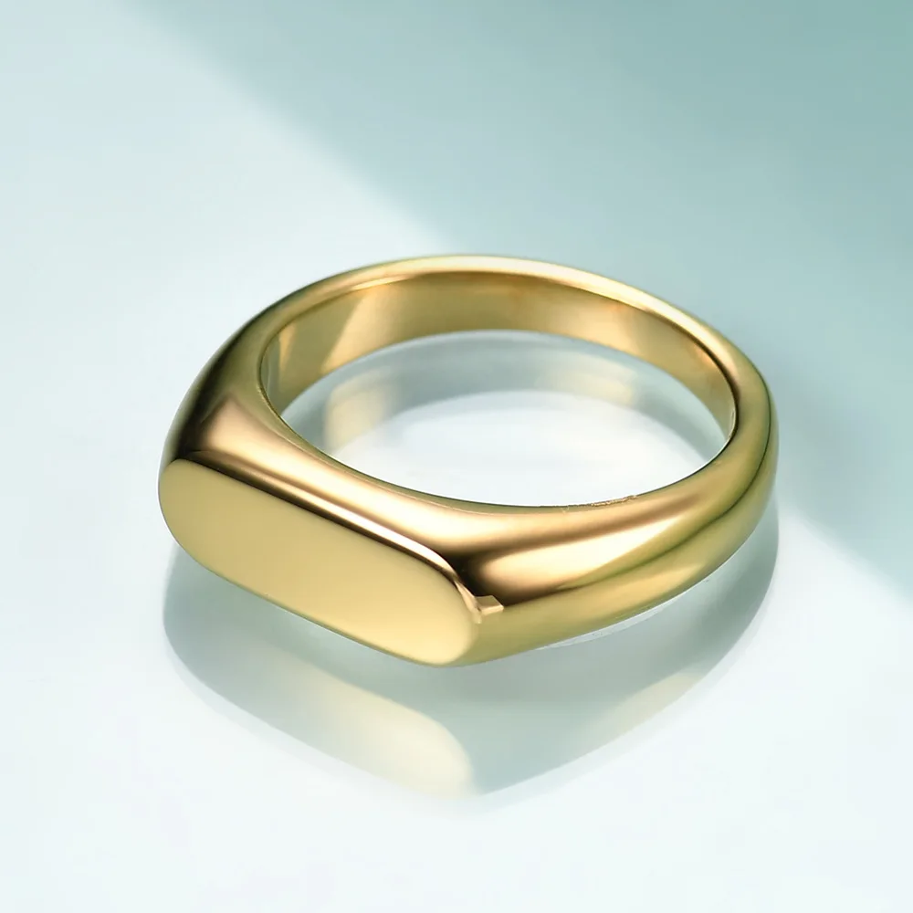Trendy Personalized Tarnish Free Waterproof Fashion Gold Plated Stainless Steel Custom Signet Blank Laser Engraving Rings