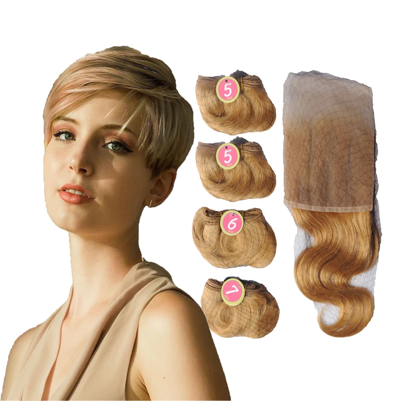 4 Bundles/pack 5/5/6/7 Inch Afro-B Short Curly Weave 13*4 Front Lace Human Hair Soft Small Supper Weft Curly Wave Hair Extension