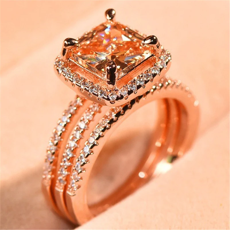 18K Rose Gold Diamond Ring Set for Women three piece Bizuteria Gemstone Anillos wedding Ring with box fine topaz peridot jewelry